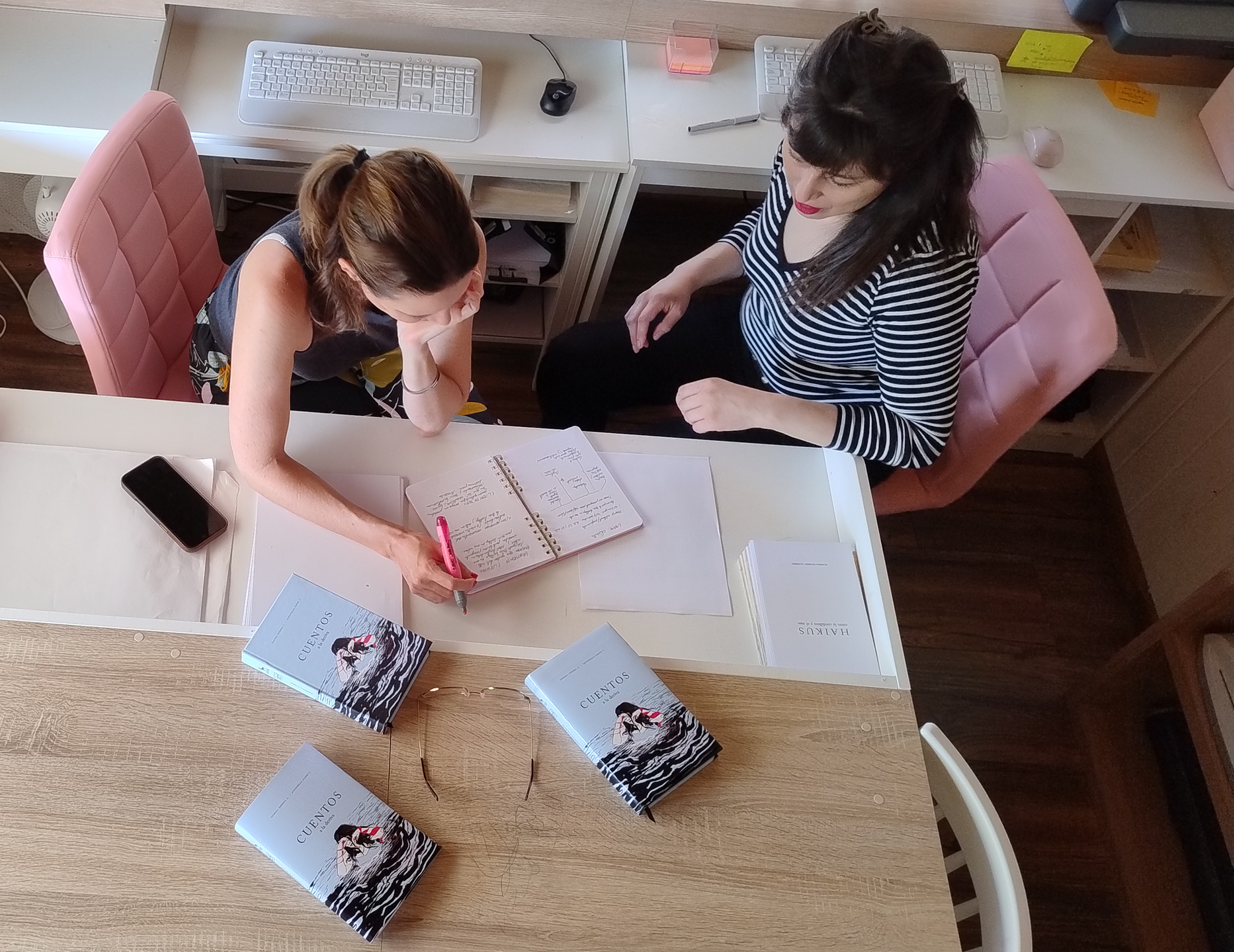 Vista aérea del taller — las autoras trabajando con ejemplares sobre la mesa