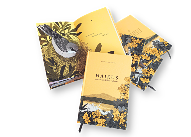 Imagen de libro con diseño de color amarillo «Haikus entre la cordillera y el mar»